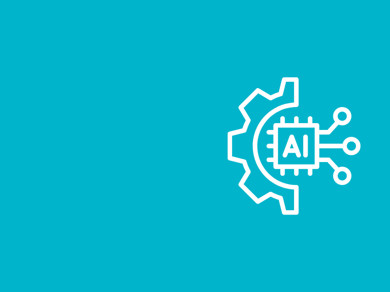 A white graphic sits on a teal background. The graphic is an outline of a cog, split in half with 'AI' in a square box in the centre. Computer connector lines spread out from the square